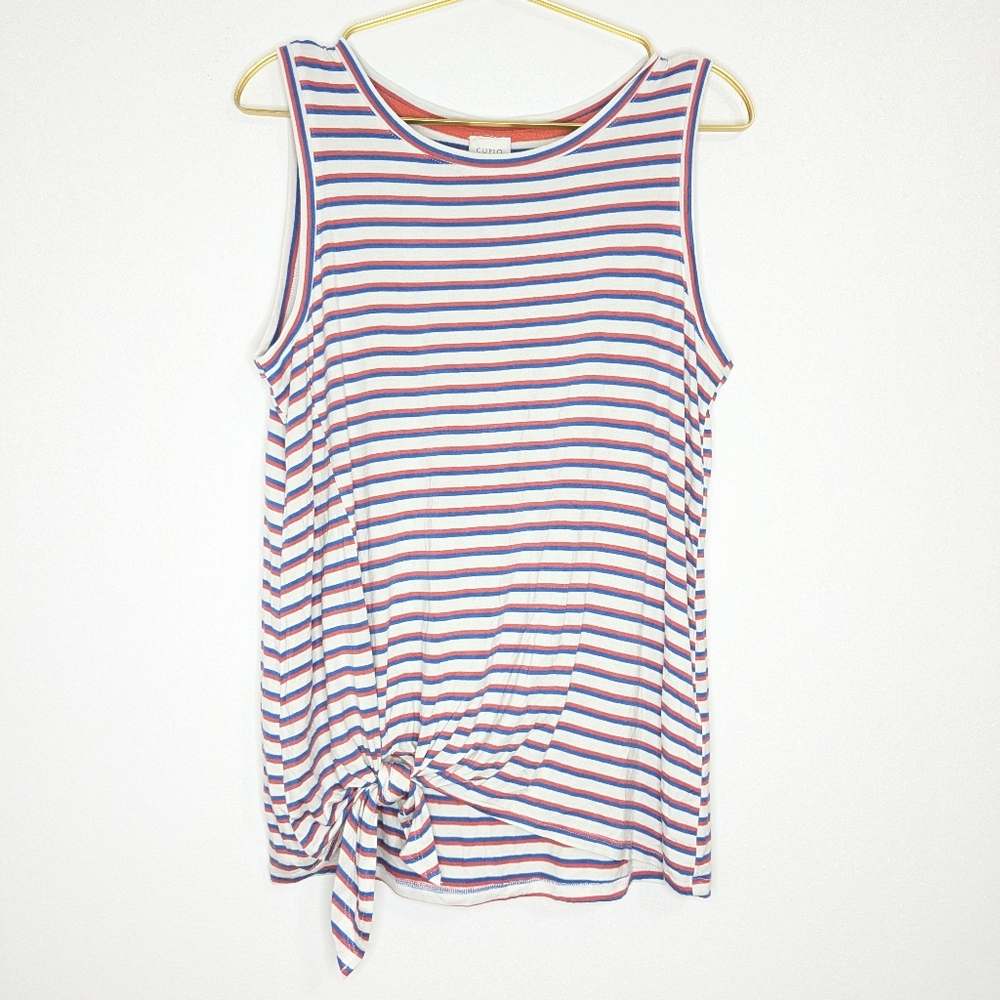 NWT Cupio Large Red, White & Blue Striped Sleeveless Tank Top w/ Front Knot